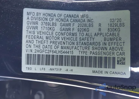 2020 Honda Civic Lx z USA, uszkodzony, nr VIN 2HGFC2F64LH544415